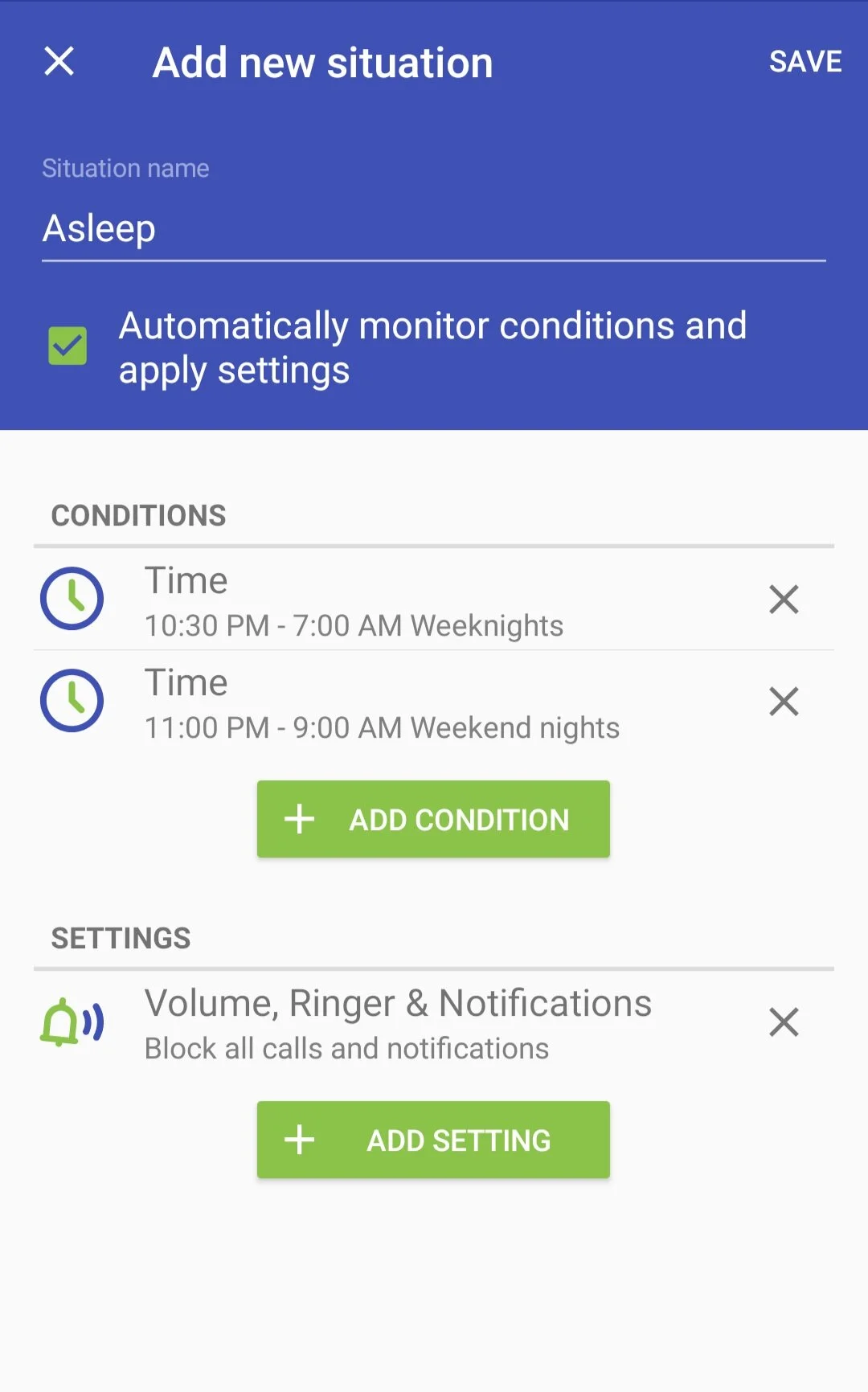 The Asleep situation in the editor, with two Time conditions — 10:30 PM to 7:00 AM on weeknights and 11:00 PM to 9:00 AM on weekend nights — and a Volume, Ringer & Notifications setting that blocks all calls and notifications.