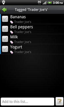 Astrid showing the tasks tagged “Trader Joe’s”: bananas, bell peppers, milk, and yogurt.