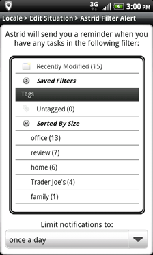 The Astrid Filter Alert plug-in open inside Locale’s situation editor, choosing which Astrid filter should trigger a reminder — the tag list includes office, review, home, Trader Joe’s, and family — with notifications limited to once a day.