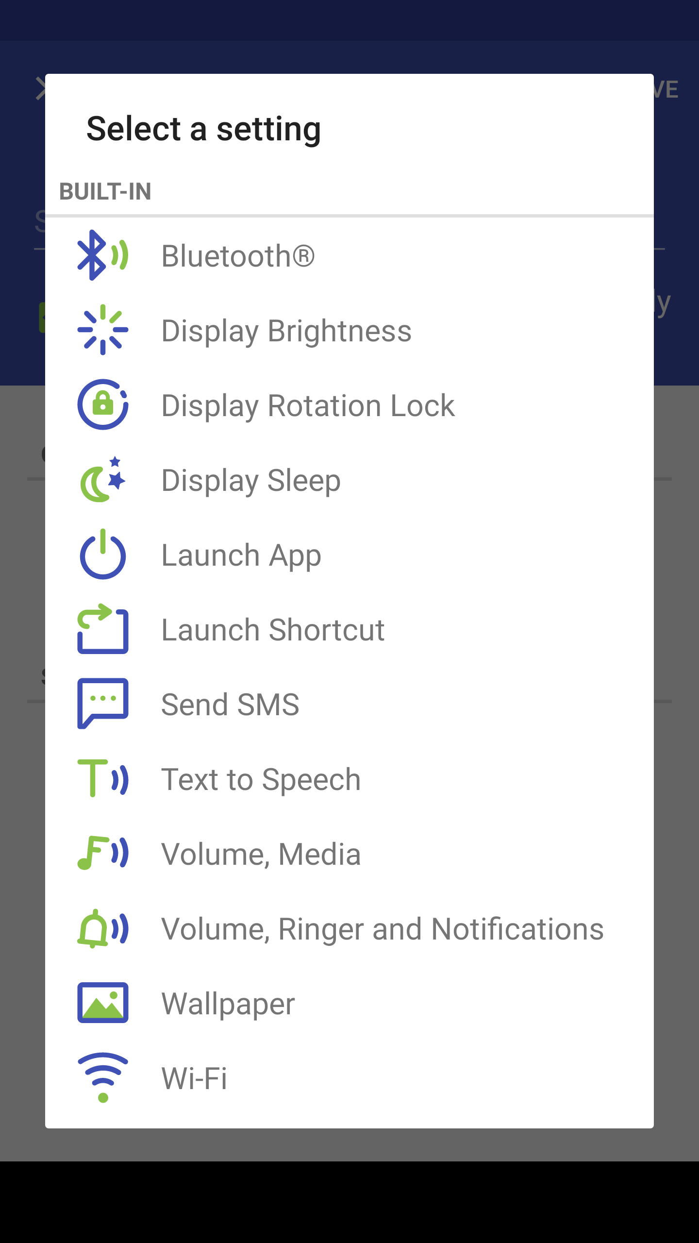 The “Select a setting” dialog listing Locale’s built-in settings: Bluetooth, Display Brightness, Display Rotation Lock, Display Sleep, Launch App, Launch Shortcut, Send SMS, Text to Speech, Volume Media, Volume Ringer and Notifications, Wallpaper, and Wi-Fi.