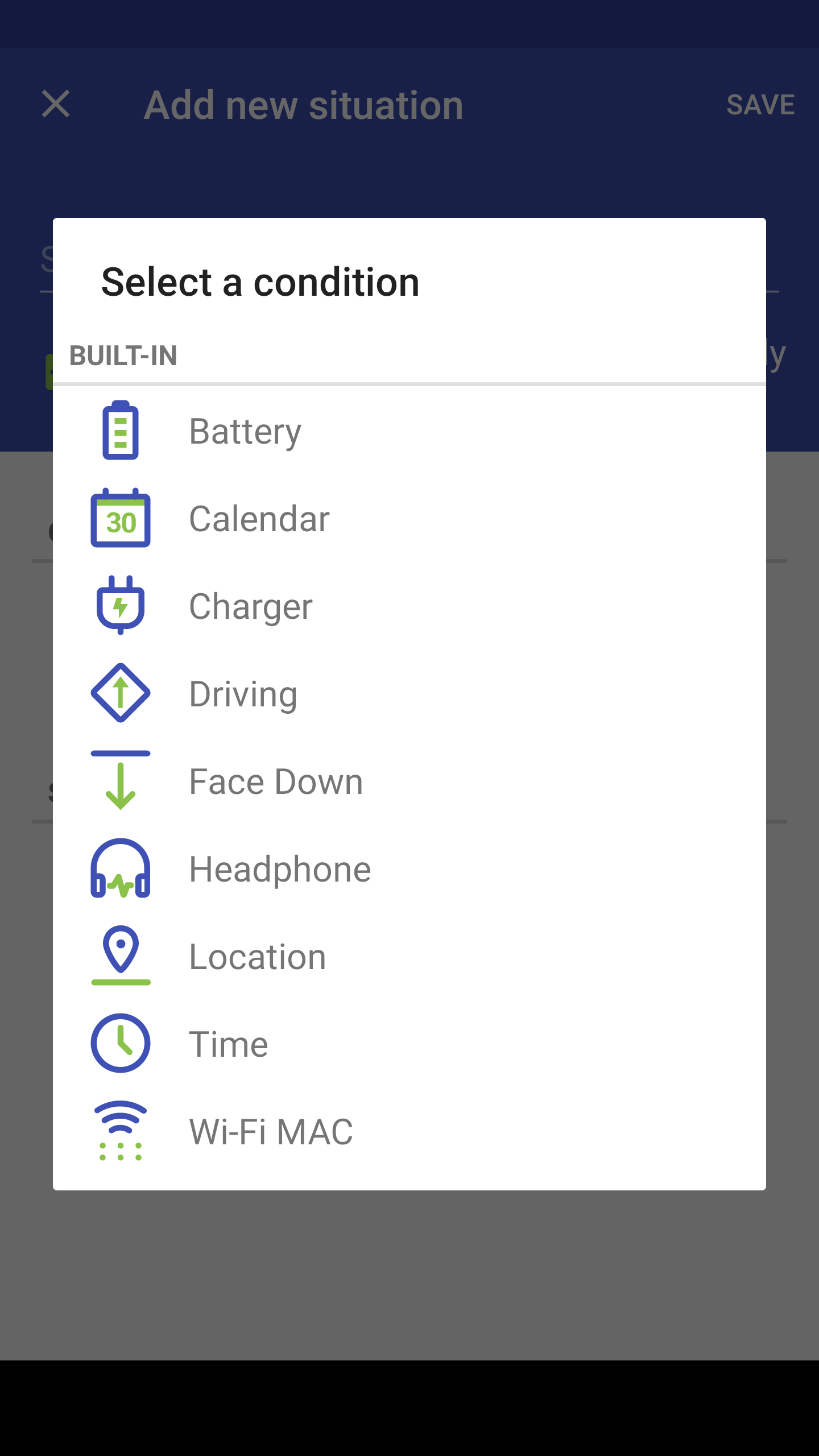 The “Select a condition” dialog listing Locale’s built-in conditions: Battery, Calendar, Charger, Driving, Face Down, Headphone, Location, Time, and Wi-Fi MAC.
