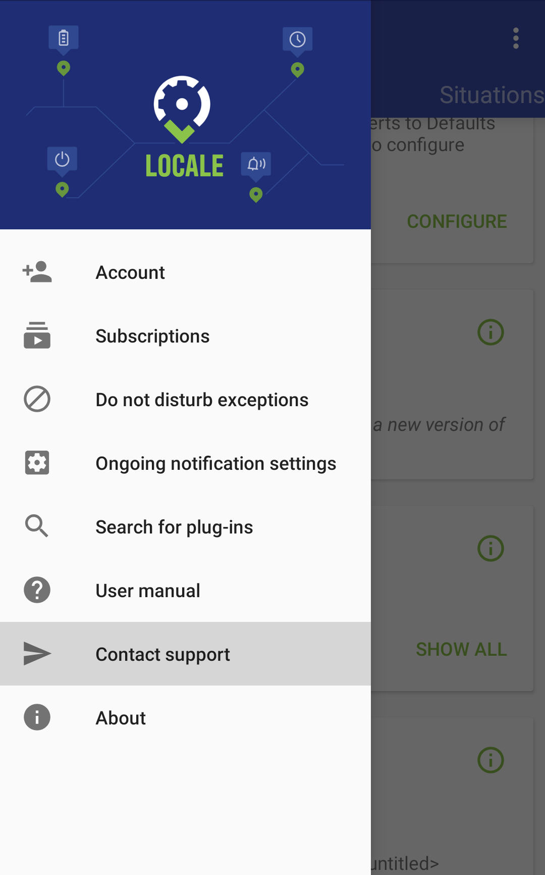 Locale X’s navigation drawer open, with “Contact support” highlighted among the entries: Account, Subscriptions, Do not disturb exceptions, Ongoing notification settings, Search for plug-ins, User manual, Contact support, and About.