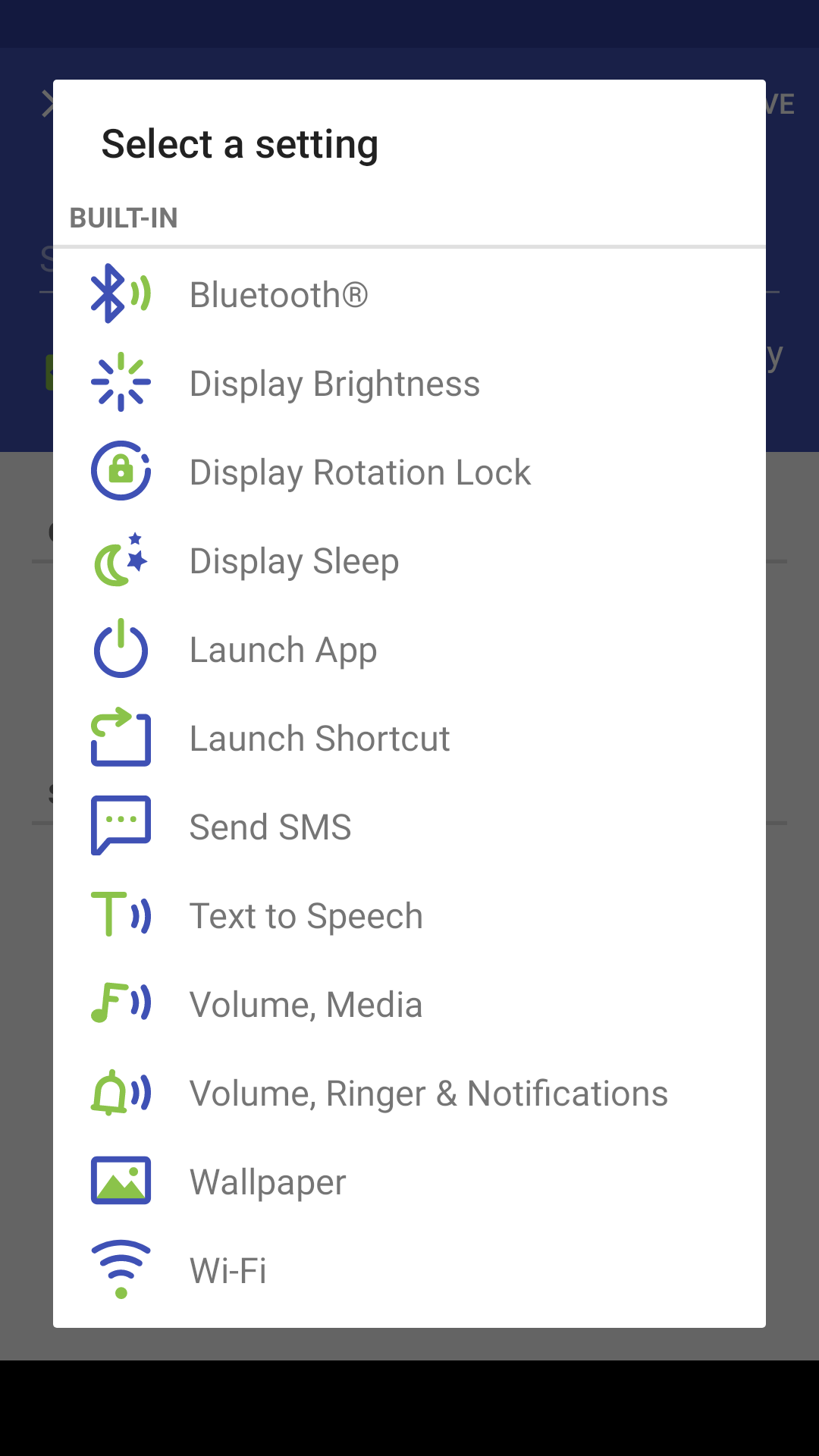 The “Select a setting” dialog listing Locale’s built-in settings: Bluetooth, Display Brightness, Display Rotation Lock, Display Sleep, Launch App, Launch Shortcut, Send SMS, Text to Speech, Volume Media, Volume Ringer & Notifications, Wallpaper, and Wi-Fi.