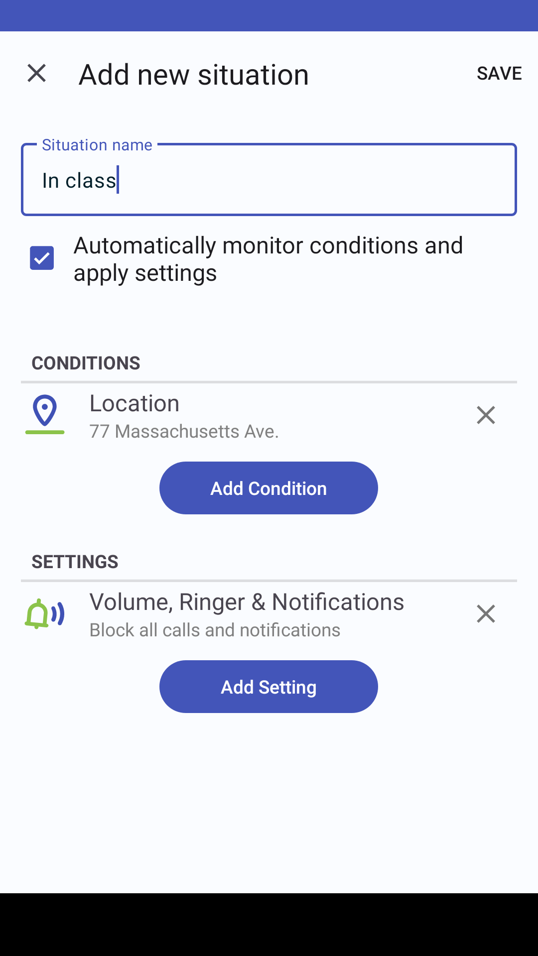 The Locale X app's Add New Situation screen, showing a situation named “In class” with a Location condition set to 77 Massachusetts Ave. and a Volume, Ringer and Notifications setting that blocks all calls and notifications.