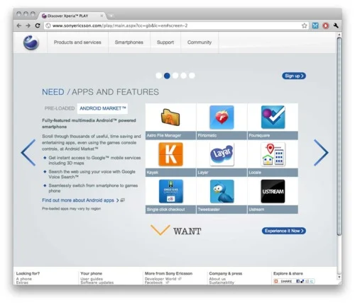 The Sony Ericsson XPERIA Play website, showing a grid of pre-loaded Android Market apps with Locale among them.