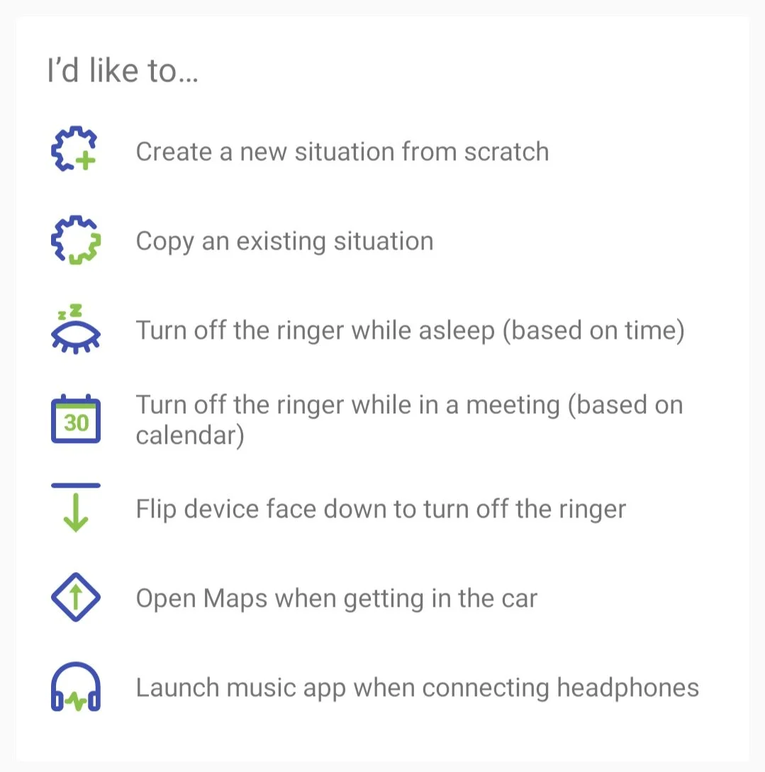  Pre-defined templates to help you get started. Note the list of templates can adjust as you use the app, suggesting different templates depending on what you’ve configured already. 